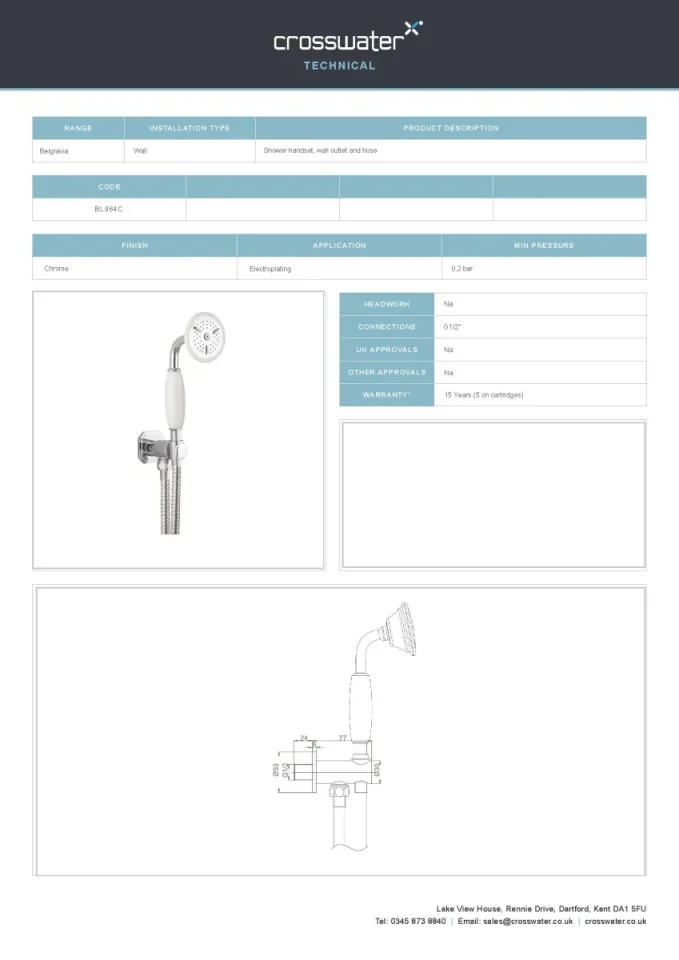 Crosswater Traditional Handset, Wall Outlet & Hose Chrome technical drawing - Image 3