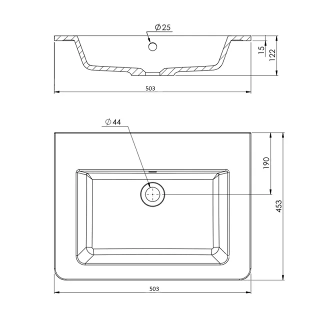 Faeber Geneva 500mm No Tap Hole Cast Marble Basin technical drawing - Image 2