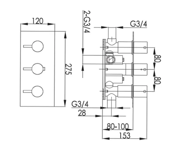 Just Taps Vos 3 Outlet Thermo Conc Valve Vertical Matt Black technical drawing - Image 2