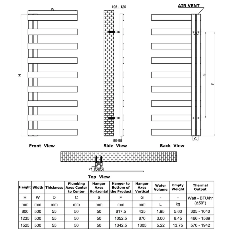 Reina Capelli Stainless Steel Radiator - 800 X 500 technical drawing - Image 3