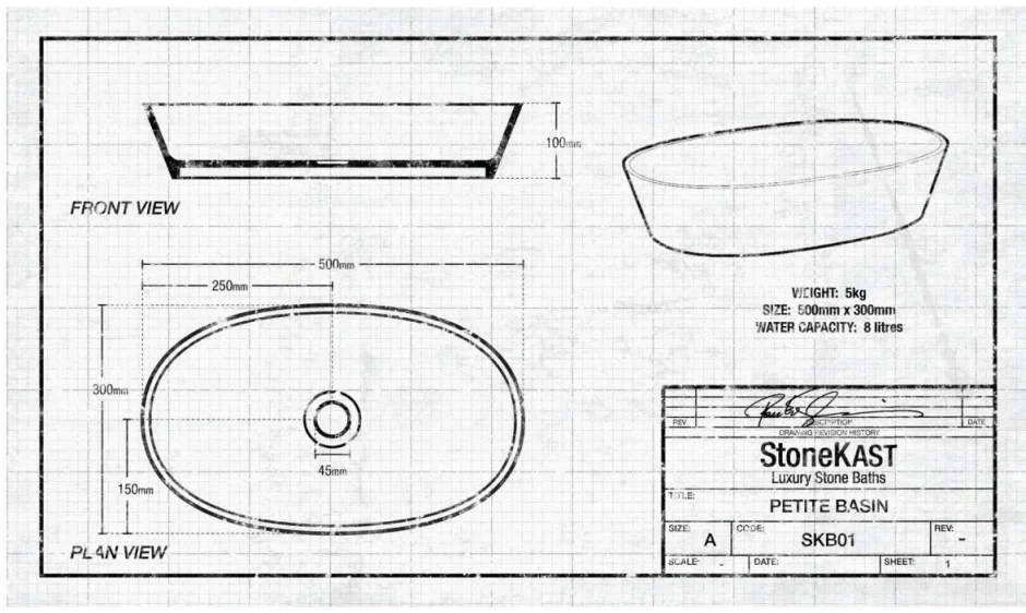 StoneKAST Petite Sit On Basin Matt White 500x300mm technical drawing - Image 2