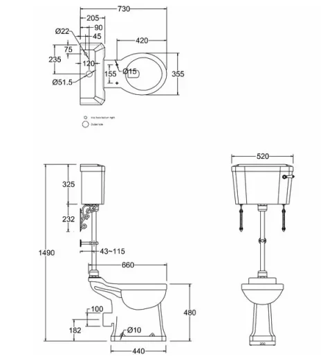 Burlington Close Coupled / Low Level Cistern 51cm Ceramic Lever (incl. Cistern Fittings) technical drawing - Image 3