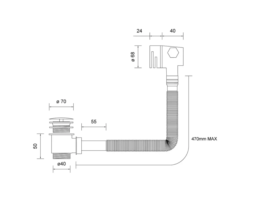 AVA Click Clack Square Overflow Bath Filler Polished Chrome technical drawing - Image 2