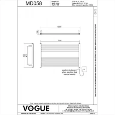 Vogue Pearl Towel Radiator Heating Only - Polished Stainless Steel 600X1000 technical drawing - Image 2