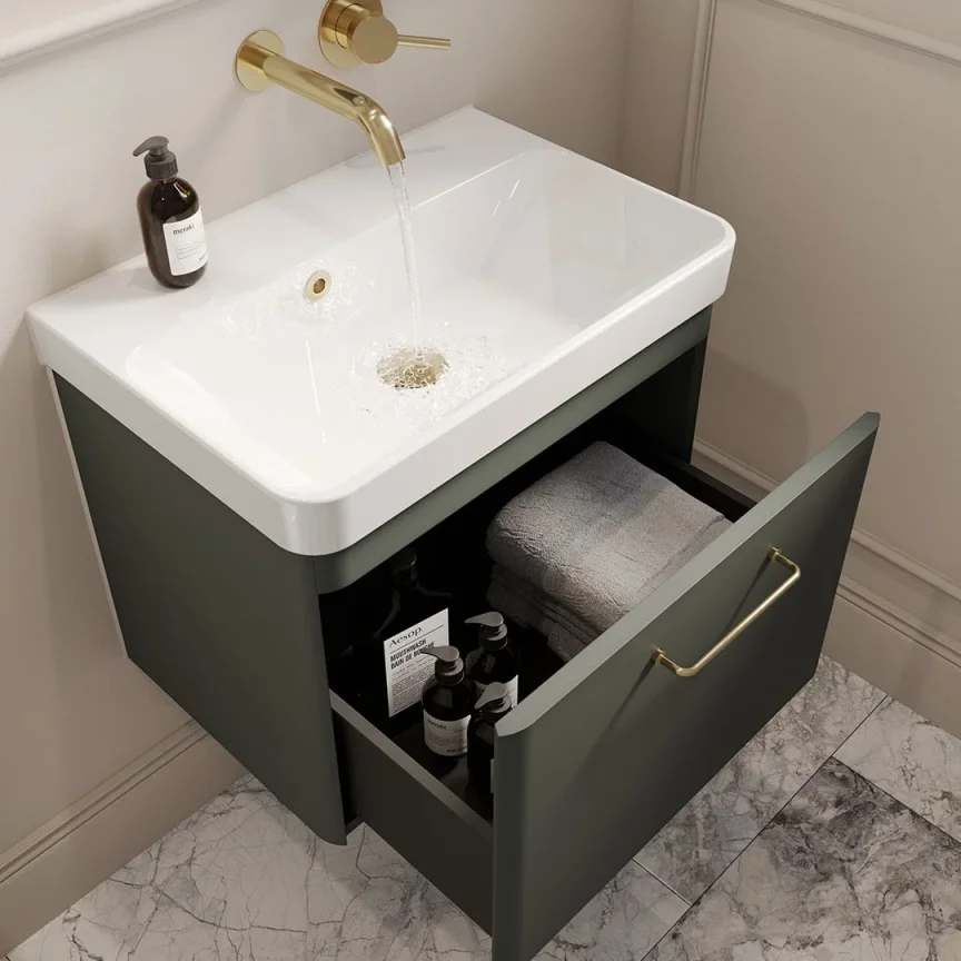 Saneux Hyde 60cm 1 Drawer Wall Mounted Unit - Matte Sage detail view - Image 2