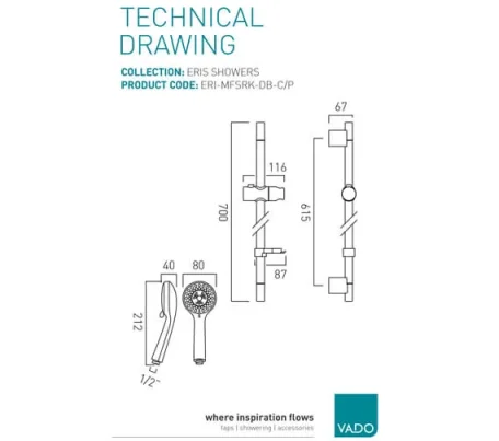 Vado Eris Slide Rail Shower Kit With Round Single Function Rub-clean Shower Handset, 700mm Slide Rail And 150cm Shower Hose Chrome technical drawing - Image 2