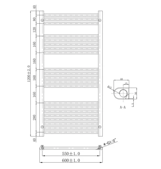 Just Taps Vos Radiator Brushed Black 1200 X 600 technical drawing - Image 2