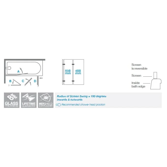 Merlyn 2 Panel Folding Bathscreen 1100 X 1500mm technical drawing - Image 3