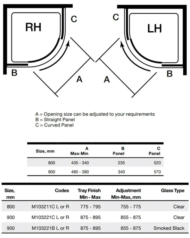 Merlyn 10 Series 1 Door Quadrant Left Hand 800mm technical drawing - Image 2