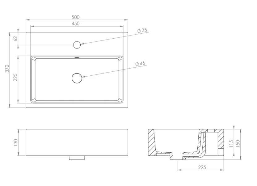 Saneux Matteo Matteo 50x37cm Washbasin 1th - Anthracite technical drawing - Image 2