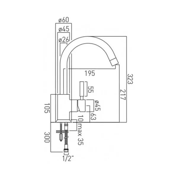 Vado Origins Mono Kitchen Mixer Single Lever Deck Mounted With Swivel Spout Chrome technical drawing - Image 3
