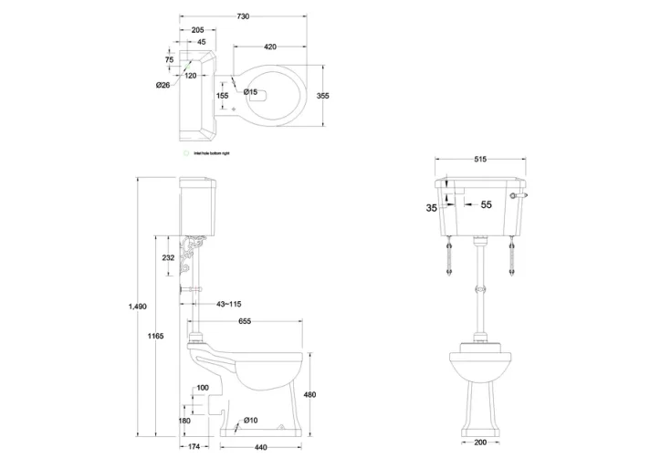 Burlington Medium Level Flush Pipe Kit Including Medium Ornate Brackets In Chrome technical drawing - Image 2