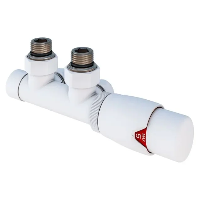 Eastbrook Angle Twin Inlet Thermostatic Radiator Valve 15mm Gloss White product image - Image 1