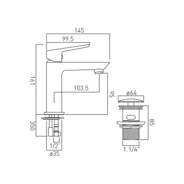 Vado Photon Mono Basin Mixer Smooth Bodied Single Lever Deck Mounted With Universal Waste And Honeycomb Flow Regulator Chrome detail view - Image 3