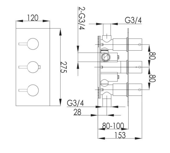 Just Taps Inox Thermostatic Concealed 2 Outlet Shower Valve Horizontal technical drawing - Image 2