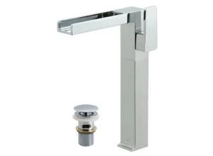 Vado Synergie Tall Single Lever Waterfall Mono Deck Mounted Basin Mixer Tap Chrome (Clic-Clac Waste Included)