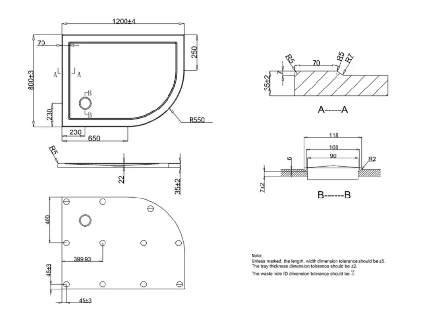 Crosswater Offset Quadrant Right Hand 35mm Acrylic Shower Tray 800 x 1200mm technical drawing - Image 2