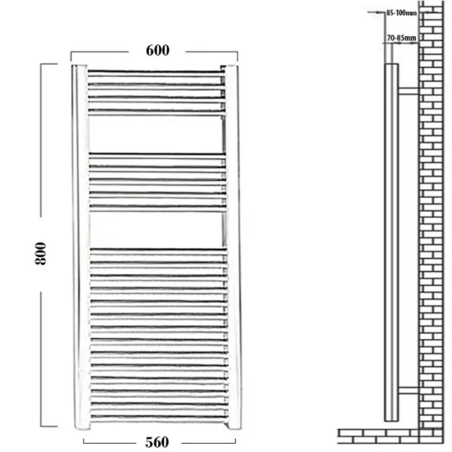 Reina Diva 600 X 800 Towel Radiator Chrome Flat technical drawing - Image 4