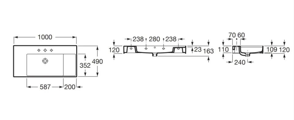Roca Inspira Wall Hung 1000 X 490mm Basin - White technical drawing - Image 2