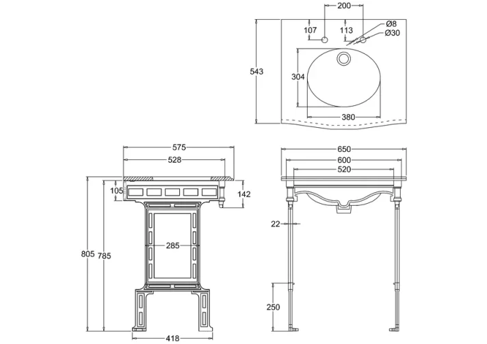 Burlington Sophia / Margavine / Sarah In Carrara Marble - 2 Tap Hole technical drawing - Image 2