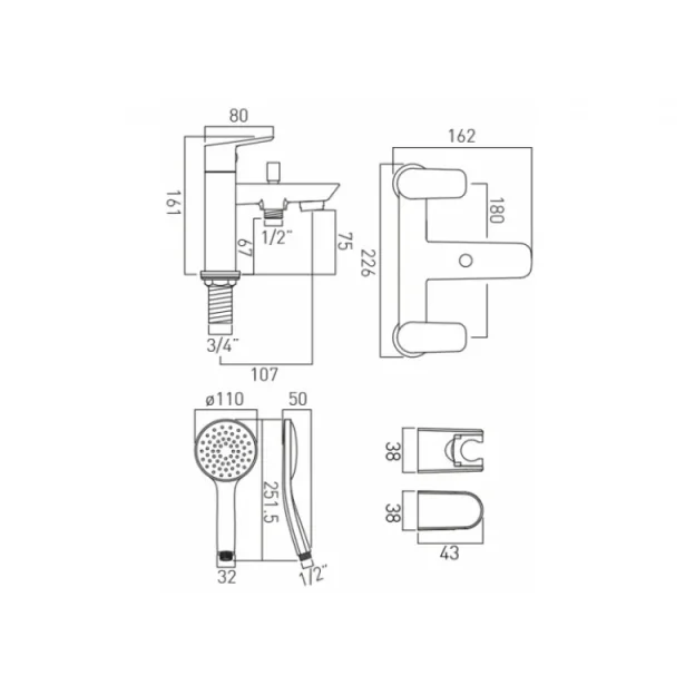 Vado Photon 2 Hole Bath Shower Mixer Deck Mounted With Shower Kit Chrome technical drawing - Image 3