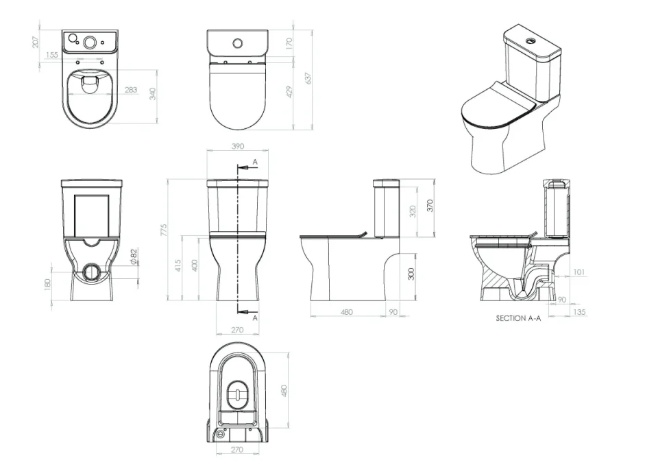 Saneux Air Close Coupled Wc Pan, Cistern & Slim Seat Pack - Rimless technical drawing - Image 7