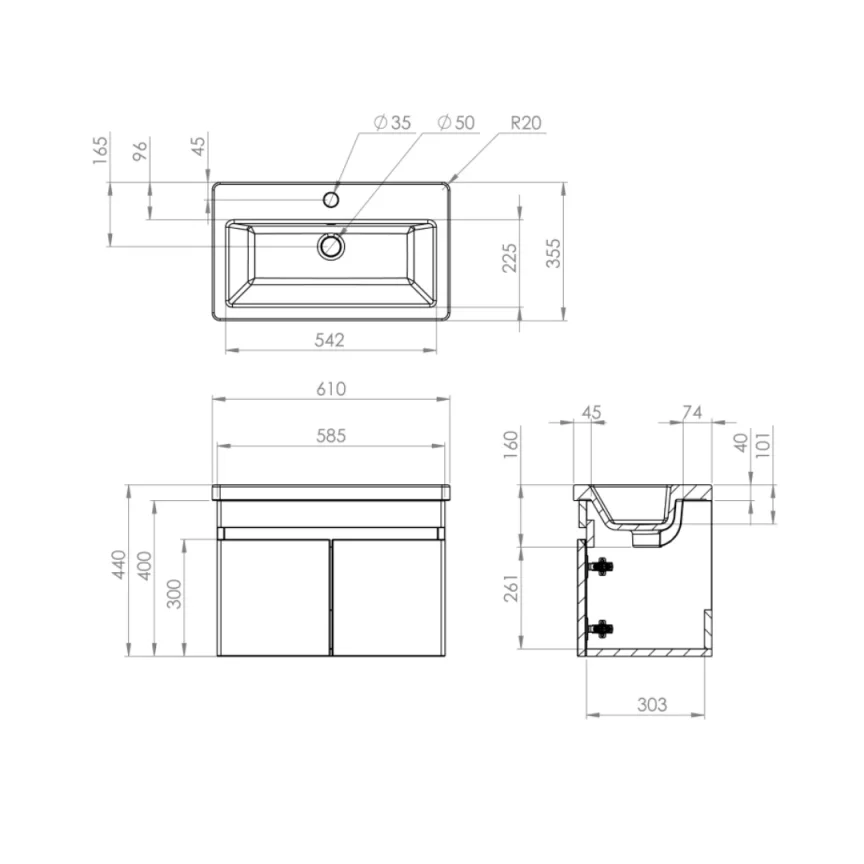 Saneux Air 60cm 2 Door Wall Mounted Unit ' Gloss White detail view - Image 2
