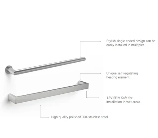 Thermosphere 12v Heated Towel Bar Double Square 450mm Diamond Polished detail view - Image 3