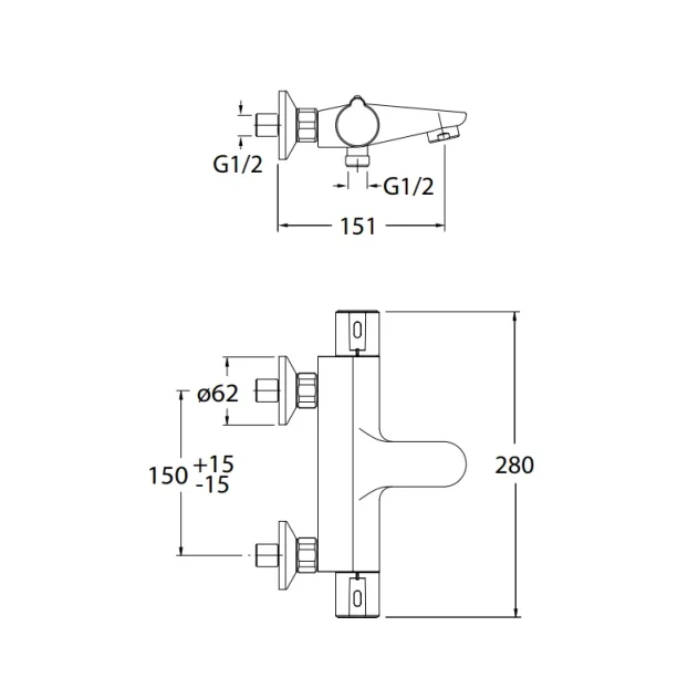 Crosswater Exposed Touch Thermostatic Bath Shower Mixer Chrome technical drawing - Image 2