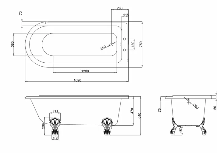 Burlingtonhampton Shower 1700 X 750mm technical drawing - Image 2