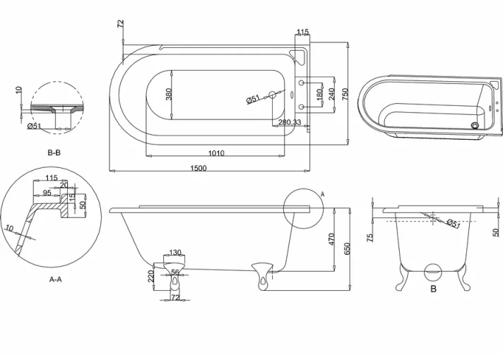 Burlingtonhampton Shower Bath Right Hand technical drawing - Image 2