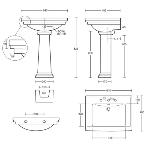 Imperial Astoria Deco Small Basin 3t 520 White technical drawing - Image 3