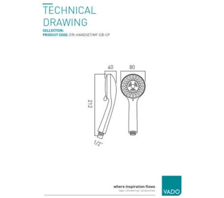 Vado Eris 80mm Round Single Function Rub-clean Shower Handset Chrome technical drawing - Image 2