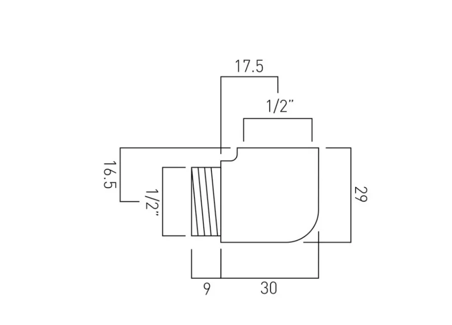 Vado Bath Shower Mixer Extension Elbow (for Use With Bath Shower Mixer To Extend Distance Between Hose Connection And Bath Tub In Case Of Protruding Pop-up Waste) Chrome technical drawing - Image 2