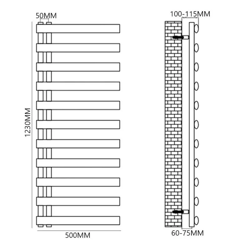 Reina Cavo 1230 X 500 Brushed Stainless Steel Towel Rail technical drawing - Image 3