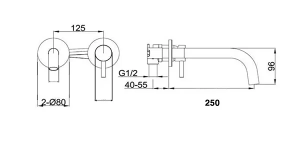 Just Taps Vos Single Lever Wall Mounted Basin Mixer Brushed Brass Slim Spout technical drawing - Image 2