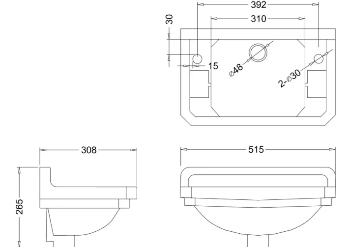 Burlington Edwardian Cloakroom Basin 51cm 1th Right technical drawing - Image 2