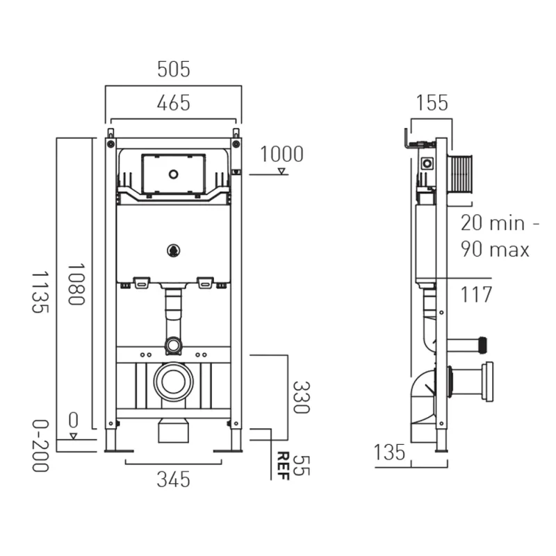 Vado Standard Frame & Cistern With Adjustable Height 1135mm X 505mm technical drawing - Image 2