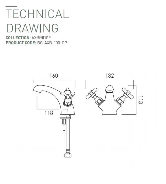 Booth & Co. Mono Basin Mixer With Pop-up Waste Chrome & White technical drawing - Image 2