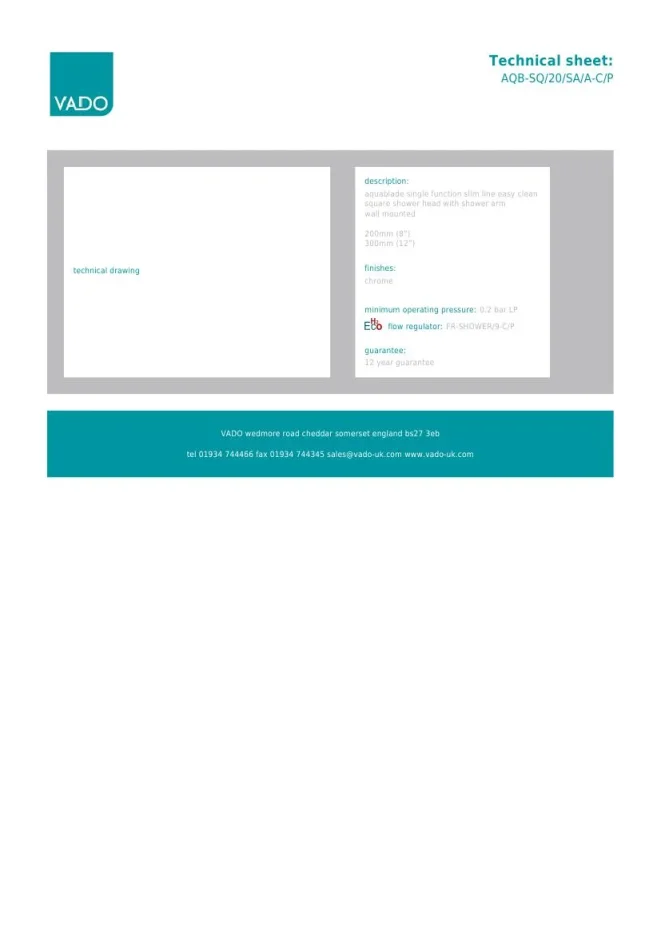 Vado Aquablade 200mm (8") Square Easy Clean Slimline Shower Head With Arm Chrome detail view - Image 2