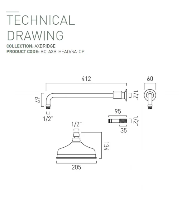 Booth & Co. 200mm Shower Head And Arm Chrome & N/a technical drawing - Image 2