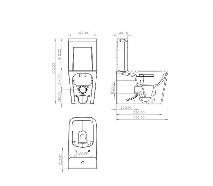 Saneux Matteo Close Coupled Right Hand Soil Exit Wc Pan - Rimless technical drawing - Image 2