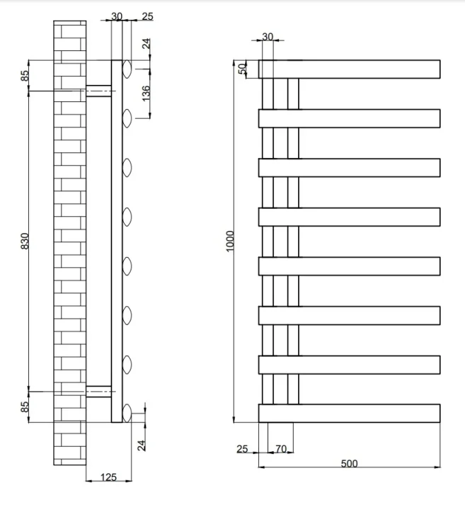 AVA Oval Polished Stainless Steel 1000x500mm Towel Rail technical drawing - Image 3