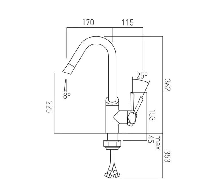 Vado Kori Mono Kitchen Mixer Single Lever Deck Mounted With Swivel Spout Chrome technical drawing - Image 2