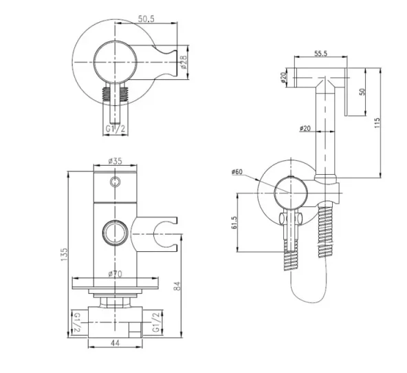 Just Taps Kono Single Lever Douche Set For Cold And Hot Operation Brushed Black technical drawing - Image 2