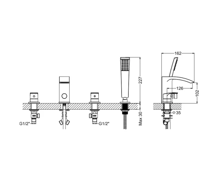 Crosswater Flow Bath Shower Mixer 4 Hole With Kit Deck Mounted Chrome technical drawing - Image 2
