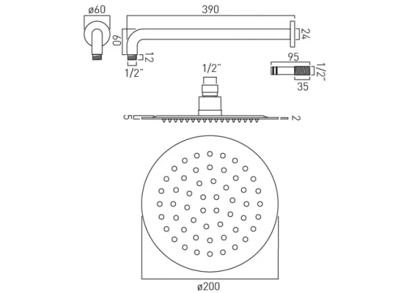 Vado Aquablade 200mm (8") Round Easy Clean Slimline Shower Head With Arm Chrome technical drawing - Image 2