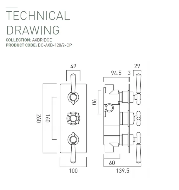Booth & Co. 2 Outlet, 3 Handle Concealed Thermostatic Valve Chrome & White technical drawing - Image 2