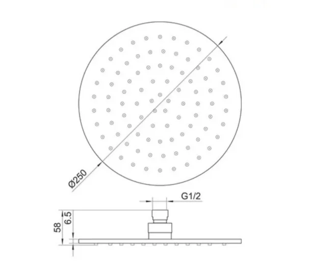 Just Taps Vos Round Shower Head 200mm Matt Black technical drawing - Image 2
