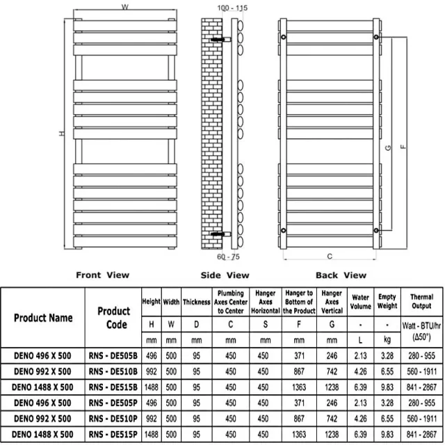 Reina Deno 500X992 Brushed Stainless Steel Towel Rail technical drawing - Image 3